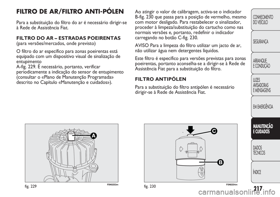 FIAT DUCATO 2013  Manual de Uso e Manutenção (in Portuguese) 217
CONHECIMENTO
DO VEÍCULO 
SEGURANÇA
ARRANQUE
E CONDUÇÃO
LUZES
AVISADORAS 
E MENSAGENS
EM EMERGÊNCIA
MANUTENÇÃO
E CUIDADOS 
DADOS
TÉCNICOS
ÍNDICE
F0N0253mfig. 229F0N0254mfig. 230
Ao atingir