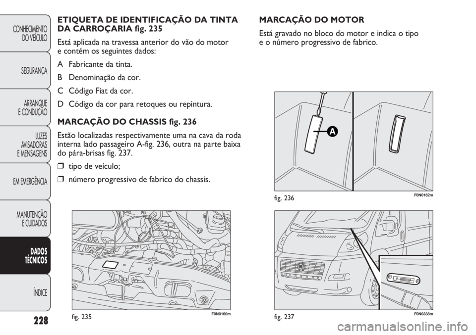 FIAT DUCATO 2013  Manual de Uso e Manutenção (in Portuguese) 228
F0N0160mfig. 235F0N0338mfig. 237
F0N0162mfig. 236
MARCAÇÃO DO MOTOR
Está gravado no bloco do motor e indica o tipo 
e o número progressivo de fabrico. ETIQUETA DE IDENTIFICAÇÃO DA TINTA
DA C