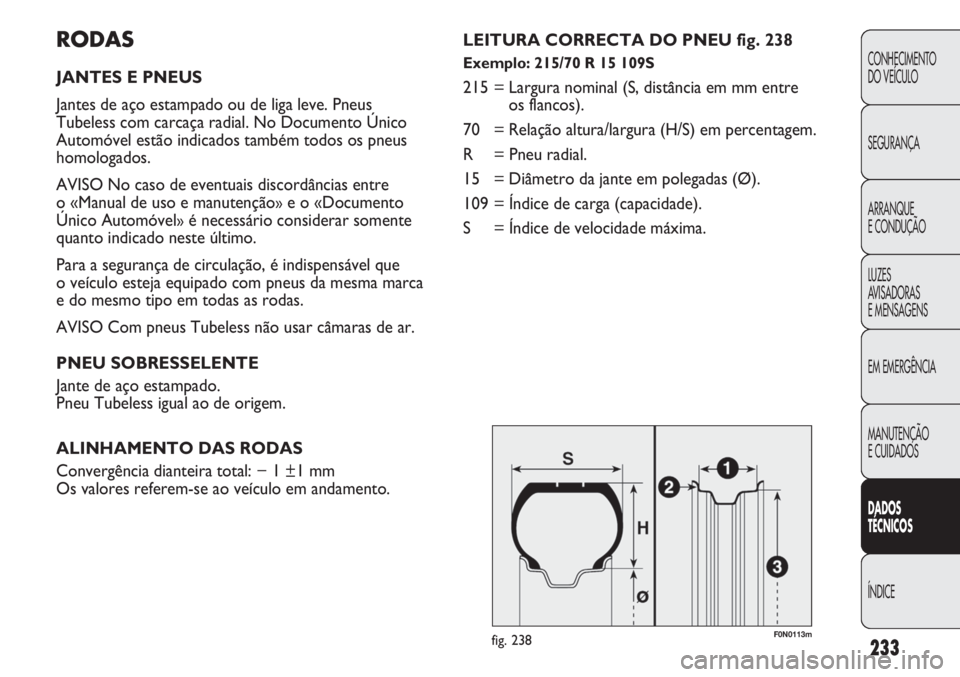FIAT DUCATO 2013  Manual de Uso e Manutenção (in Portuguese) 233
RODAS
JANTES E PNEUS
Jantes de aço estampado ou de liga leve. Pneus 
Tubeless com carcaça radial. No Documento Único
Automóvel estão indicados também todos os pneus
homologados.
AVISO No cas