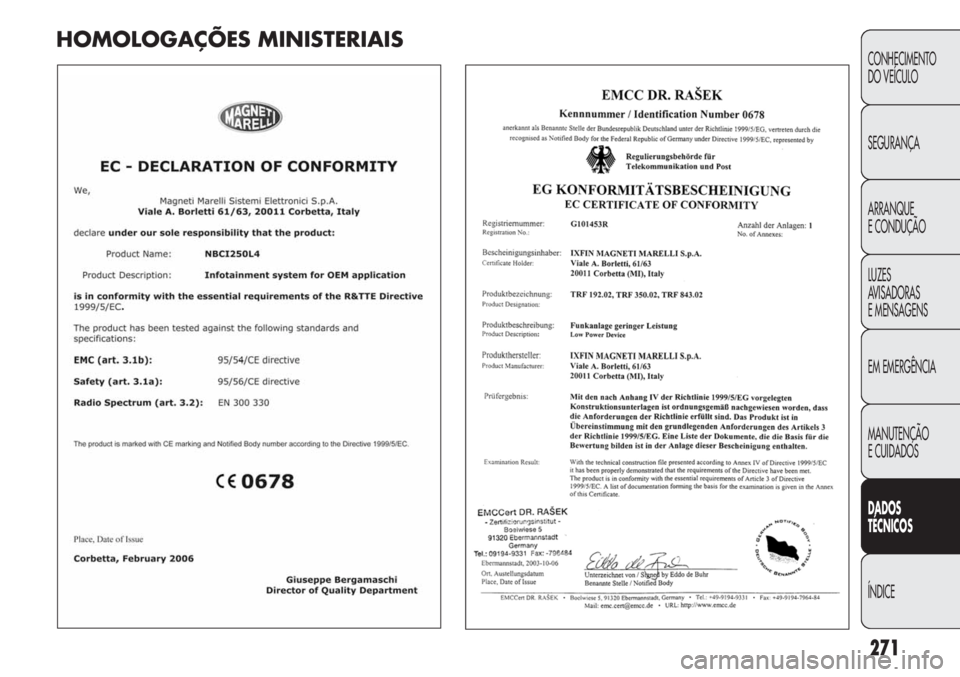 FIAT DUCATO 2013  Manual de Uso e Manutenção (in Portuguese) 271
CONHECIMENTO
DO VEÍCULO 
SEGURANÇA
ARRANQUE
E CONDUÇÃO
LUZES
AVISADORAS 
E MENSAGENS
EM EMERGÊNCIA
MANUTENÇÃO
E CUIDADOS 
DADOS
TÉCNICOS
ÍNDICE
HOMOLOGAÇÕES MINISTERIAIS 