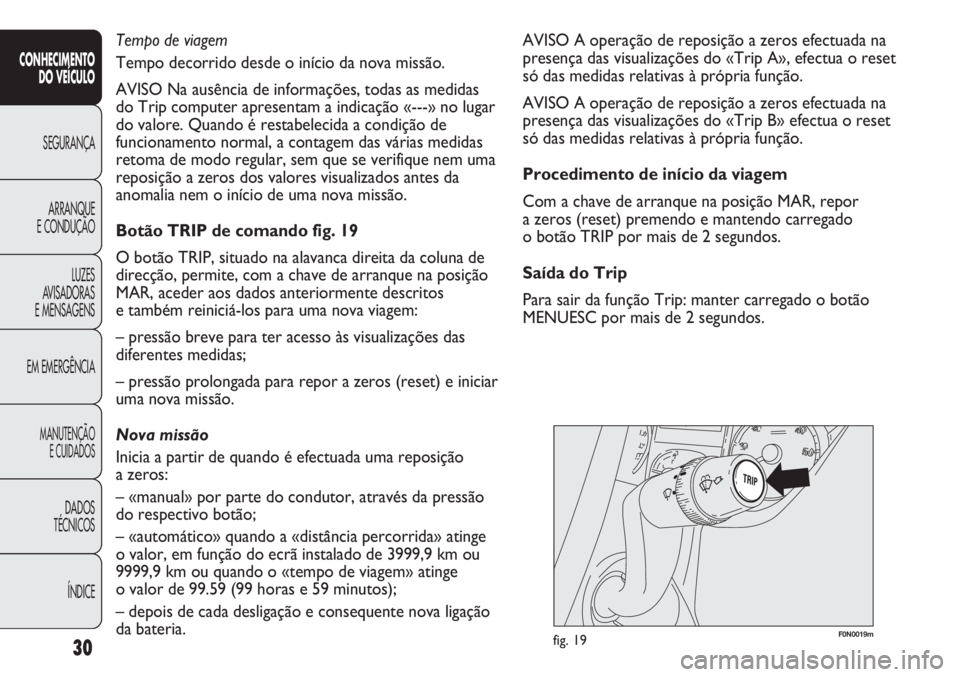 FIAT DUCATO 2013 Manual de Uso e Manutenção (in Portuguese) F0N0019mfig. 19
AVISO A operação de reposição a zeros efectuada na
presença das visualizações do «Trip A», efectua o reset
só das medidas relativas à própria função.
AVISO A operação d FIAT DUCATO 2013 Manual de Uso e Manutenção (in Portuguese) F0N0019mfig. 19
AVISO A operação de reposição a zeros efectuada na
presença das visualizações do «Trip A», efectua o reset
só das medidas relativas à própria função.
AVISO A operação d