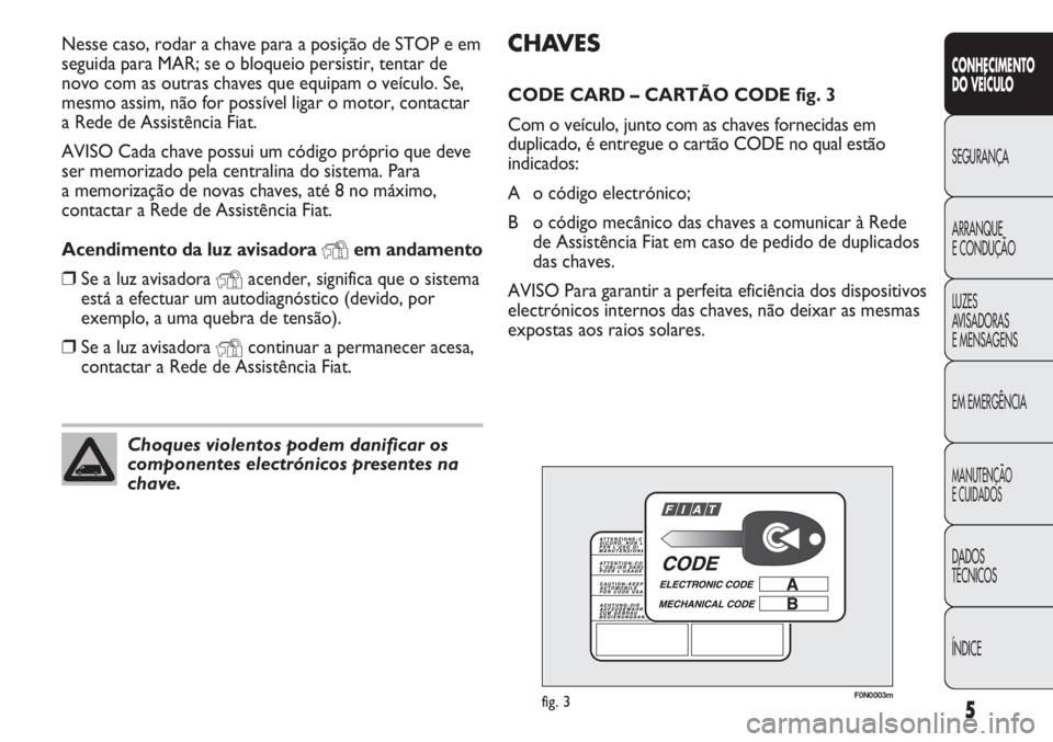 FIAT DUCATO 2013 Manual de Uso e Manutenção (in Portuguese) 5
CONHECIMENTO
DO VEÍCULO
SEGURANÇA
ARRANQUE
E CONDUÇÃO
LUZES
AVISADORAS
E MENSAGENS
EM EMERGÊNCIA
MANUTENÇÃO
E CUIDADOS
DADOS
TÉCNICOS
ÍNDICE
CHAVES
CODE CARD – CARTÃO CODE fig. 3
Com FIAT DUCATO 2013 Manual de Uso e Manutenção (in Portuguese) 5
CONHECIMENTO
DO VEÍCULO
SEGURANÇA
ARRANQUE
E CONDUÇÃO
LUZES
AVISADORAS
E MENSAGENS
EM EMERGÊNCIA
MANUTENÇÃO
E CUIDADOS
DADOS
TÉCNICOS
ÍNDICE
CHAVES
CODE CARD – CARTÃO CODE fig. 3
Com