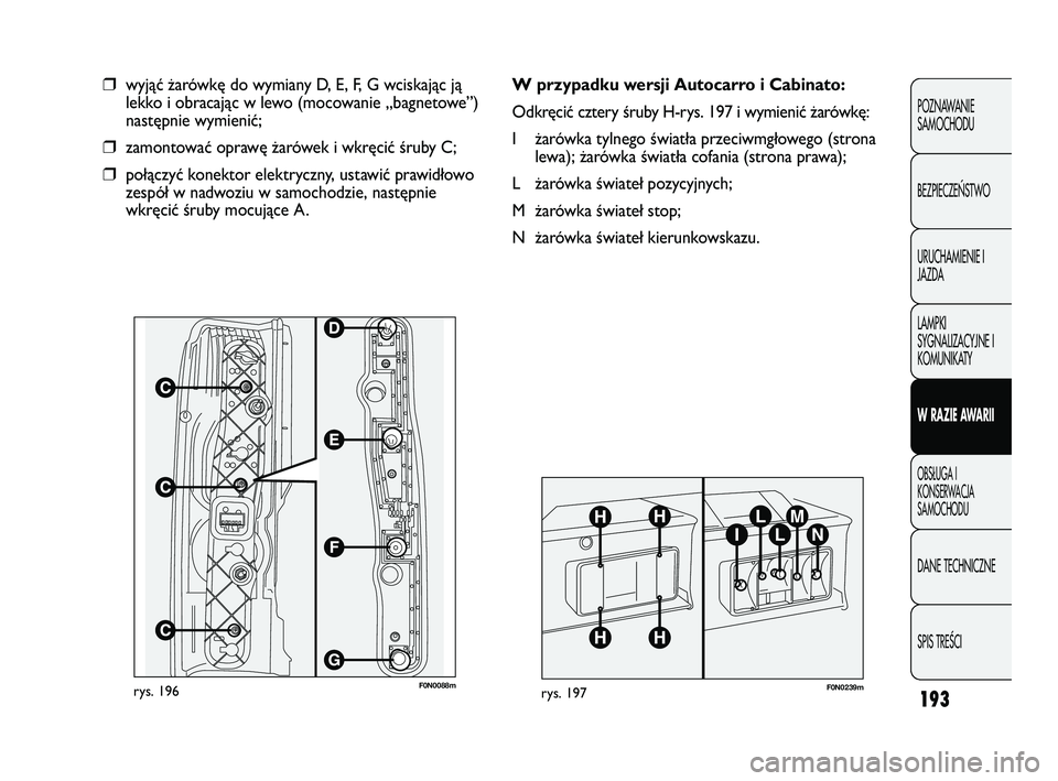 FIAT DUCATO 2008  Instrukcja obsługi (in Polish) 193
POZNAWANIE
SAMOCHODU
BEZPIECZE¡STWO
URUCHAMIENIE I
JAZDA
LAMPKI
SYGNALIZACYJNE I
KOMUNIKATY
W RAZIE AWARII
OBS¸UGA I
KONSERWACJA
SAMOCHODU
DANE TECHNICZNE
SPIS TREÂCI
F0N0088mrys. 196
❒wyją