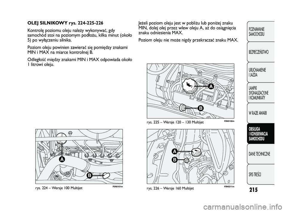 FIAT DUCATO 2008  Instrukcja obsługi (in Polish) 215
POZNAWANIE
SAMOCHODU
BEZPIECZEŃSTWO
URUCHAMIENIE
I JAZDA
LAMPKI
SYGNALIZACYJNE
I KOMUNIKATY
W RAZIE AWARII
OBS�UGA
I KONSERWACJA
SAMOCHODU
DANE TECHNICZNE
SPIS TREŚCI
F0N0101mrys. 224 – Wersje