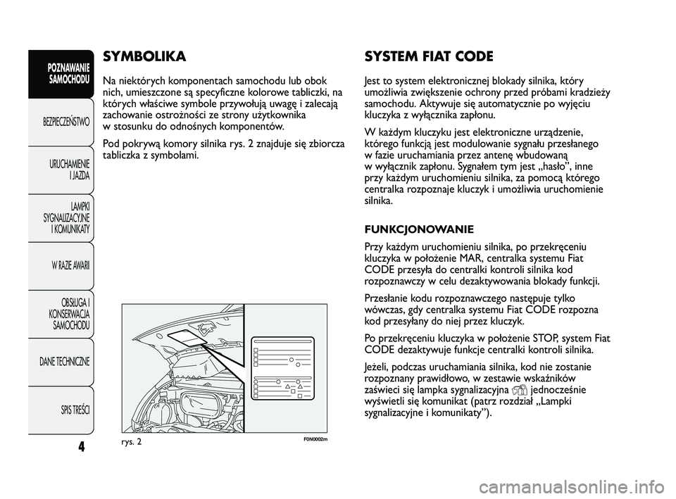 FIAT DUCATO 2008 Instrukcja obsługi (in Polish) 4
POZNAWANIE
SAMOCHODU
BEZPIECZE¡STWO
URUCHAMIENIE
I JAZDA
LAMPKI
SYGNALIZACYJNE
I KOMUNIKATY
W RAZIE AWARII
OBS¸UGA I
KONSERWACJA
SAMOCHODU
DANE TECHNICZNE
SPIS TREÂCI
F0N0002mrys. 2
SYSTEM FIAT C FIAT DUCATO 2008 Instrukcja obsługi (in Polish) 4
POZNAWANIE
SAMOCHODU
BEZPIECZE¡STWO
URUCHAMIENIE
I JAZDA
LAMPKI
SYGNALIZACYJNE
I KOMUNIKATY
W RAZIE AWARII
OBS¸UGA I
KONSERWACJA
SAMOCHODU
DANE TECHNICZNE
SPIS TREÂCI
F0N0002mrys. 2
SYSTEM FIAT C