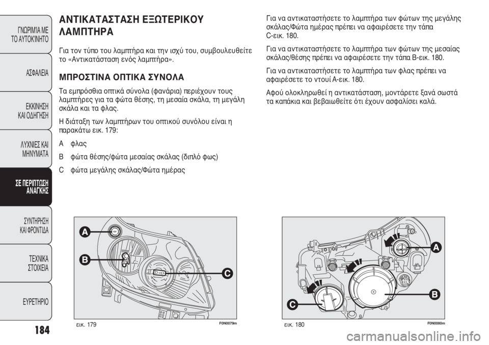 FIAT DUCATO 2008 ΒΙΒΛΙΟ ΧΡΗΣΗΣ ΚΑΙ ΣΥΝΤΗΡΗΣΗΣ (in Greek) 184
F0N0079mεικ. 179F0N0080mεικ. 180
Για να αντικαταστήσετε το λαμπτήρα των φώτων της μεγάλης
σκάλας/Φώτα ημέρας πρέπει να FIAT DUCATO 2008 ΒΙΒΛΙΟ ΧΡΗΣΗΣ ΚΑΙ ΣΥΝΤΗΡΗΣΗΣ (in Greek) 184
F0N0079mεικ. 179F0N0080mεικ. 180
Για να αντικαταστήσετε το λαμπτήρα των φώτων της μεγάλης
σκάλας/Φώτα ημέρας πρέπει να