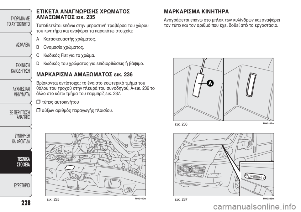 FIAT DUCATO 2008  ΒΙΒΛΙΟ ΧΡΗΣΗΣ ΚΑΙ ΣΥΝΤΗΡΗΣΗΣ (in Greek) 228
F0N0160mεικ. 235F0N0338mεικ. 237
F0N0162mεικ. 236
ΜΑΡΚΑΡΙΣΜΑ ΚΙΝΗΤΗΡΑ
Αναγράφεται επάνω στο μπλοκ των κυλίνδρων και αναφέρε