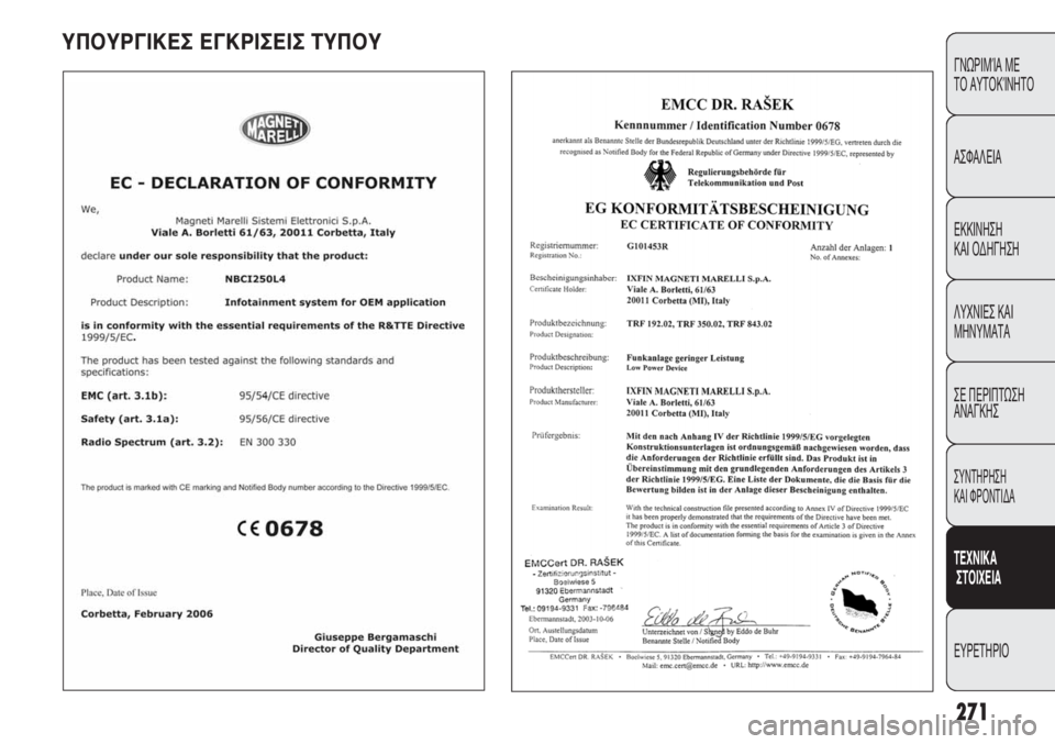 FIAT DUCATO 2008  ΒΙΒΛΙΟ ΧΡΗΣΗΣ ΚΑΙ ΣΥΝΤΗΡΗΣΗΣ (in Greek) 271
CONOSCENZA
DEL
VEICOLO
SICUREZZA
AVVIAMENTO
E GUIDA
SPIE E
MESSAGGI
IN EMERGENZA
MANUTENZIONE
E CURA
DATI TECNICI
INDICE
ΓΝΩΡΙΜΊΑ ΜΕ 
ΤΟ ΑΥΤΟΚΊΝΗΤΟ
ΑΣΦΑΛΕΙΑ
ΕΚΚΙ