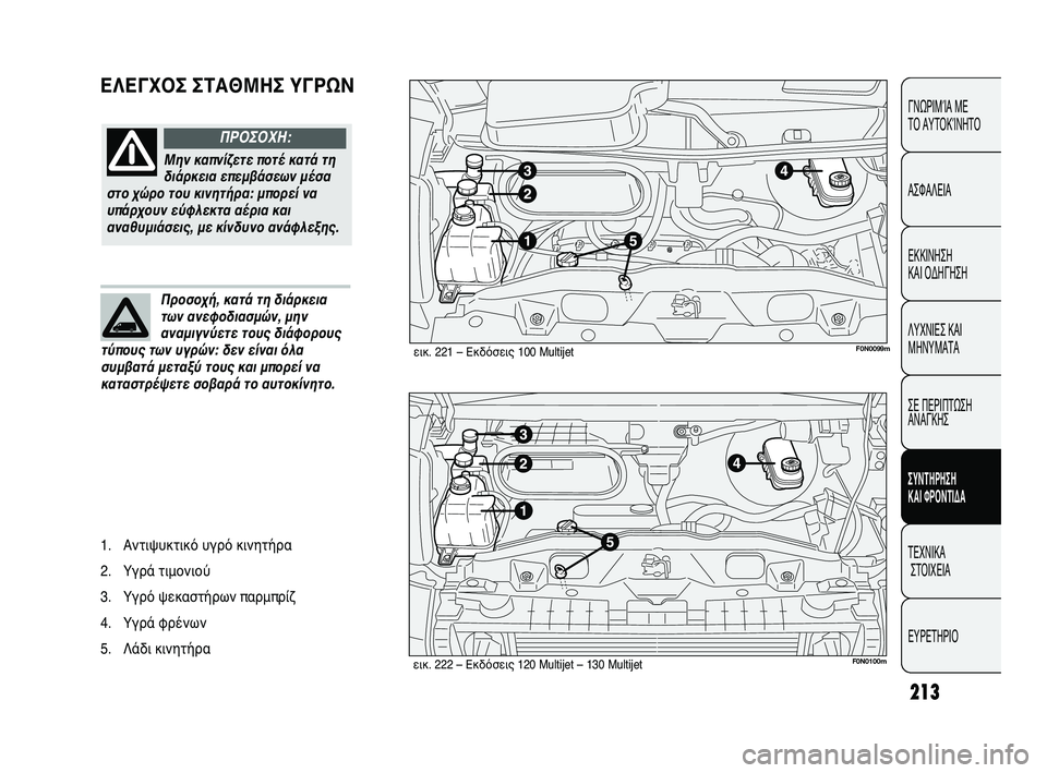 FIAT DUCATO 2010  ΒΙΒΛΙΟ ΧΡΗΣΗΣ ΚΑΙ ΣΥΝΤΗΡΗΣΗΣ (in Greek) 213
ΕΛΕΓΧΟΣ ΣΤΑΘΜΗΣ ΥΓΡΩΝCONOSCENZA
DEL 
VEICOLO
SICUREZZA
AVVIAMENTO
E GUIDA
SPIE E
MESSAGGI
IN EMERGENZA
MANUTENZIONE
E CURA
DATI TECNICI
INDICE
ΓΝΩΡΙΜΊΑ ΜΕ 
ΤΟ ΑΥΤ