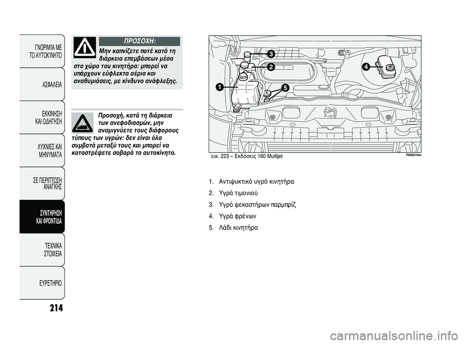 FIAT DUCATO 2010  ΒΙΒΛΙΟ ΧΡΗΣΗΣ ΚΑΙ ΣΥΝΤΗΡΗΣΗΣ (in Greek) 214
ΓΝΩΡΙΜΊΑ ΜΕ 
ΤΟ ΑΥΤΟΚΊΝΗΤΟ
ΑΣΦΑΛΕΙΑ
ΕΚΚΙΝΗΣΗ 
ΚΑΙ ΟΔΗΓΗΣΗ
ΛΥΧΝΙΕΣ ΚΑΙ
ΜΗΝΥΜΑΤΑ
ΣΕ ΠΕΡΙΠΤΩΣΗ
ΑΝΑΓΚΗΣ
ΣΥΝΤΗΡ