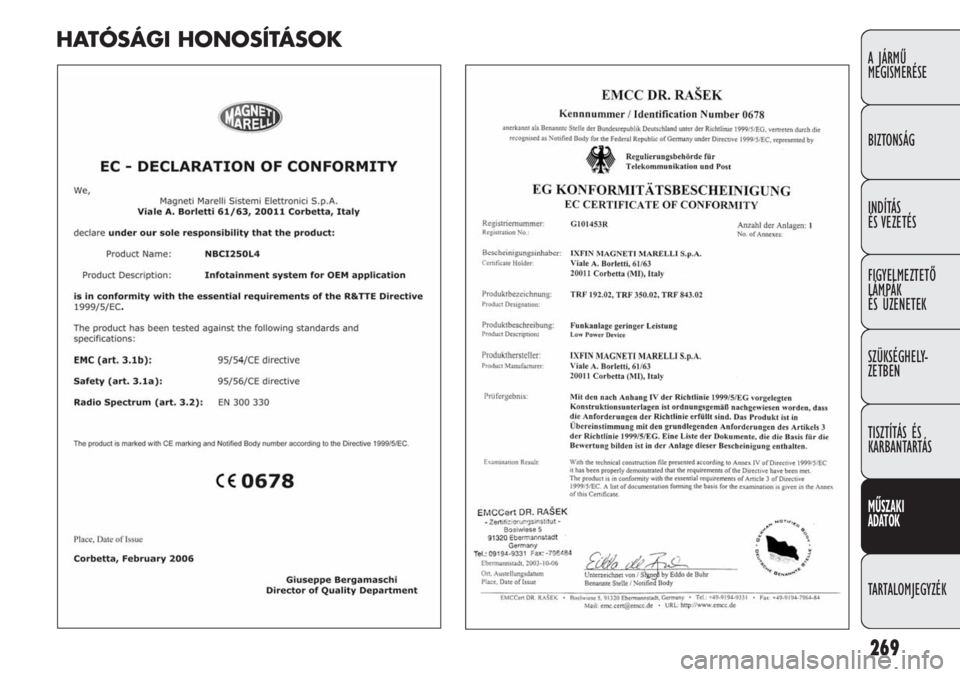 FIAT DUCATO 2009  Kezelési és karbantartási útmutató (in Hungarian) 269
A JÁRMŰ 
MEGISMERÉSE
BIZTONSÁG
INDÍTÁS 
ÉS VEZETÉS
FIGYELMEZTETŐ
LÁMPÁK 
ÉS ÜZENETEK
SZÜKSÉGHELY-
ZETBEN
TISZTÍTÁS ÉS 
KARBANTARTÁS
MŰSZAKI 
ADATOK
TARTALOMJEGYZÉK
HATÓSÁGI 