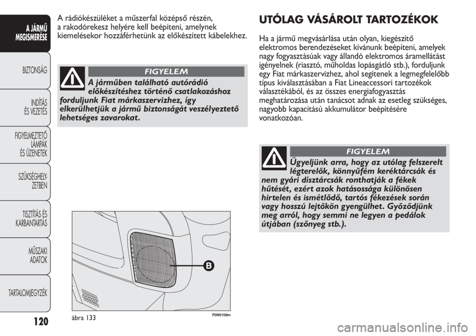 FIAT DUCATO 2011  Kezelési és karbantartási útmutató (in Hungarian) 120
A JÁRMŰ 
MEGISMERÉSE
BIZTONSÁG
INDÍTÁS 
ÉS VEZETÉS
FIGYELMEZTETŐ
LÁMPÁK 
ÉS ÜZENETEK
SZÜKSÉGHELY-
ZETBEN
TISZTÍTÁS ÉS 
KARBANTARTÁS
MŰSZAKI 
ADATOK
TARTALOMJEGYZÉK
F0N0158máb