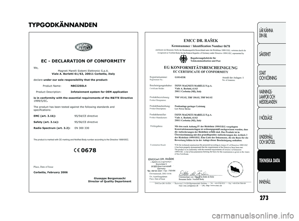FIAT DUCATO 2010  Drift- och underhållshandbok (in Swedish) 273
LÄR KÄNNA 
DIN BIL
SÄKERHET
START 
OCH KÖRNING
VARNINGS-
LAMPOR OCH 
MEDDELANDEN
I NÖDLÄGE
UNDERHÅLL 
OCH SKÖTSEL
TEKNISKA DATA
INNEHÅLL
TYPGODKÄNNANDEN
231-276 DUCATO LUM SVE 9ed  15-04