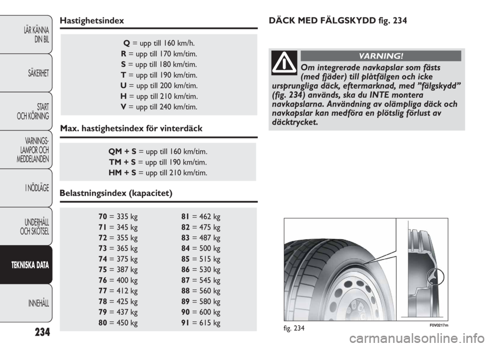 FIAT DUCATO 2011  Drift- och underhållshandbok (in Swedish) 234
LÄR KÄNNA 
DIN BIL
SÄKERHET
START 
OCH KÖRNING
VARNINGS-
LAMPOR OCH 
MEDDELANDEN
I NÖDLÄGE
UNDERHÅLL
OCH SKÖTSEL
TEKNISKA DATA
INNEHÅLL
70= 335 kg 81= 462 kg 
71= 345 kg 82= 475 kg 
72= 3