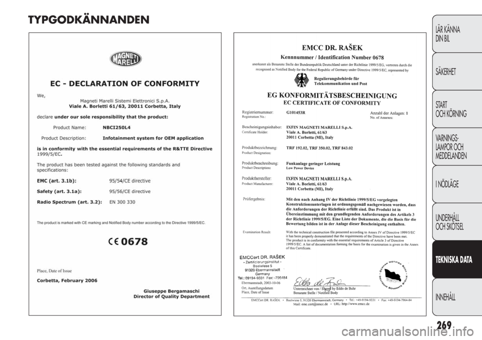FIAT DUCATO 2011  Drift- och underhållshandbok (in Swedish) 269
LÄR KÄNNA 
DIN BIL
SÄKERHET
START 
OCH KÖRNING
VARNINGS-
LAMPOR OCH 
MEDDELANDEN
I NÖDLÄGE
UNDERHÅLL
OCH SKÖTSEL
TEKNISKA DATA
INNEHÅLL
TYPGODKÄNNANDEN 