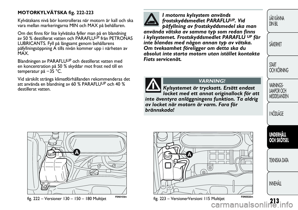 FIAT DUCATO 2013  Drift- och underhållshandbok (in Swedish) 213
LÄR KÄNNA 
DIN BIL
SÄKERHET
START 
OCH KÖRNING
VARNINGS-
LAMPOR OCH 
MEDDELANDEN
I NÖDLÄGE
UNDERHÅLL
OCH SKÖTSEL
TEKNISKA DATA
INNEHÅLL
F0N0103mfig. 222 – Versioner 130 – 150 – 180 