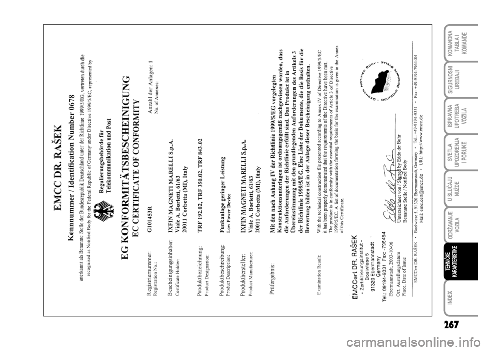 FIAT DUCATO 2012  Knjižica za upotrebu i održavanje (in Serbian) 267
SVETLA
UPOZORENJA
I PORUKE
INDEX
KOMANDNA
TABLA I
KOMANDE
SIGURNOSNI
UREĐAJI
ISPRAVNA
UPOTREBA
VOZILA
U SLUČAJU
NUŽDE
ODRŽAVANJE
VOZILA
TEHNIČKE
KARAKTERISTIKE 