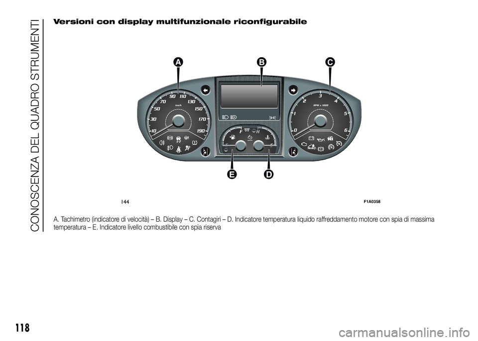 FIAT DUCATO BASE CAMPER 2016  Libretto Uso Manutenzione (in Italian) Versioni con display multifunzionale riconfigurabile
A. Tachimetro (indicatore di velocità) – B. Display – C. Contagiri – D. Indicatore temperatura liquido raffreddamento motore con spia di mas