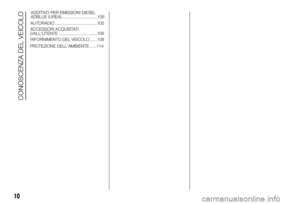 FIAT DUCATO BASE CAMPER 2016  Libretto Uso Manutenzione (in Italian) PROTEZIONE DELL'AMBIENTE ......114
10
CONOSCENZA DEL VEICOLO
AUTORADIO ...................................105
ACCESSORI ACQUISTATI
DALL'UTENTE ................................106
RIFORNIMENTO 