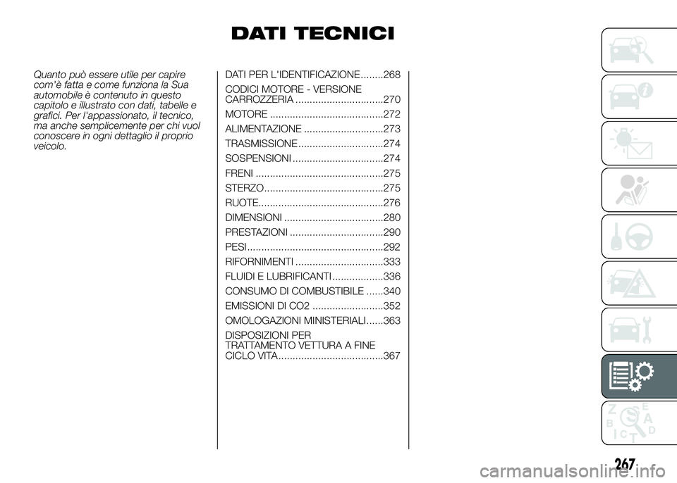 FIAT DUCATO BASE CAMPER 2016 Libretto Uso Manutenzione (in Italian) DATI TECNICI
Quanto può essere utile per capire
com'è fatta e come funziona la Sua
automobile è contenuto in questo
capitolo e illustrato con dati, tabelle e
grafici. Per l'appassionato, il FIAT DUCATO BASE CAMPER 2016 Libretto Uso Manutenzione (in Italian) DATI TECNICI
Quanto può essere utile per capire
com'è fatta e come funziona la Sua
automobile è contenuto in questo
capitolo e illustrato con dati, tabelle e
grafici. Per l'appassionato, il