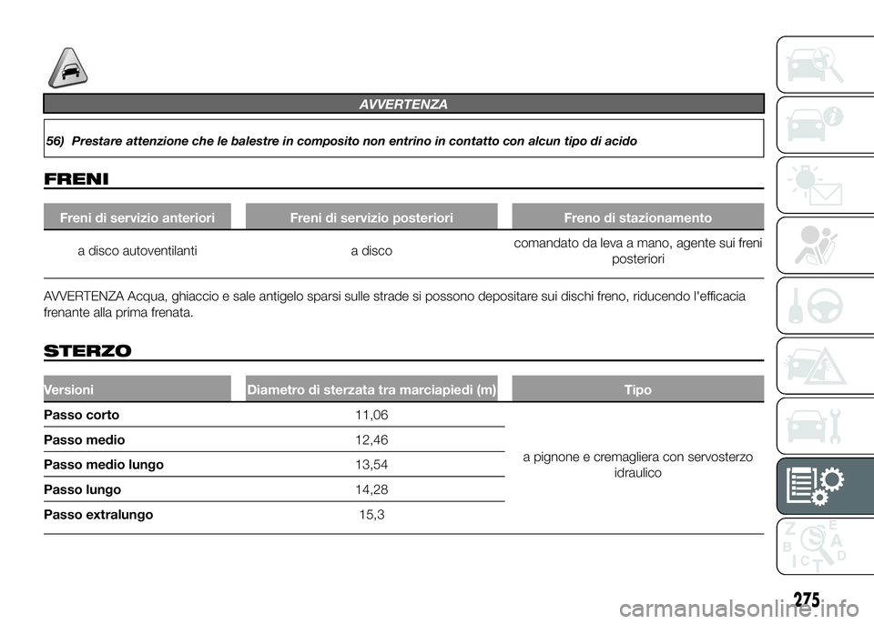 FIAT DUCATO BASE CAMPER 2016  Libretto Uso Manutenzione (in Italian) AVVERTENZA
56) Prestare attenzione che le balestre in composito non entrino in contatto con alcun tipo di acido
FRENI
Freni di servizio anteriori Freni di servizio posteriori Freno di stazionamento
a 