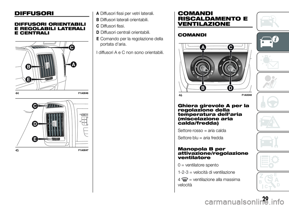 FIAT DUCATO BASE CAMPER 2016  Libretto Uso Manutenzione (in Italian) DIFFUSORI
DIFFUSORI ORIENTABILI
E REGOLABILI LATERALI
E CENTRALI
ADiffusori fissi per vetri laterali.
BDiffusori laterali orientabili.
CDiffusori fissi.
DDiffusori centrali orientabili.
EComando per l