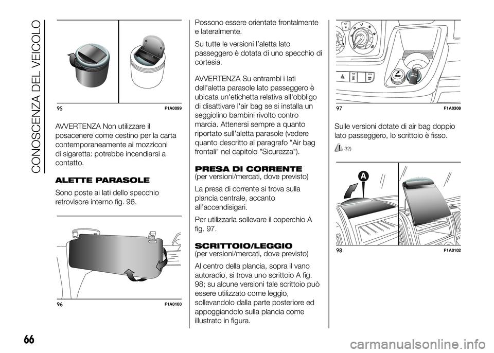 FIAT DUCATO BASE CAMPER 2016 Libretto Uso Manutenzione (in Italian) AVVERTENZA Non utilizzare il
posacenere come cestino per la carta
contemporaneamente ai mozziconi
di sigaretta: potrebbe incendiarsi a
contatto.
ALETTE PARASOLE
Sono poste ai lati dello specchio
retro FIAT DUCATO BASE CAMPER 2016 Libretto Uso Manutenzione (in Italian) AVVERTENZA Non utilizzare il
posacenere come cestino per la carta
contemporaneamente ai mozziconi
di sigaretta: potrebbe incendiarsi a
contatto.
ALETTE PARASOLE
Sono poste ai lati dello specchio
retro