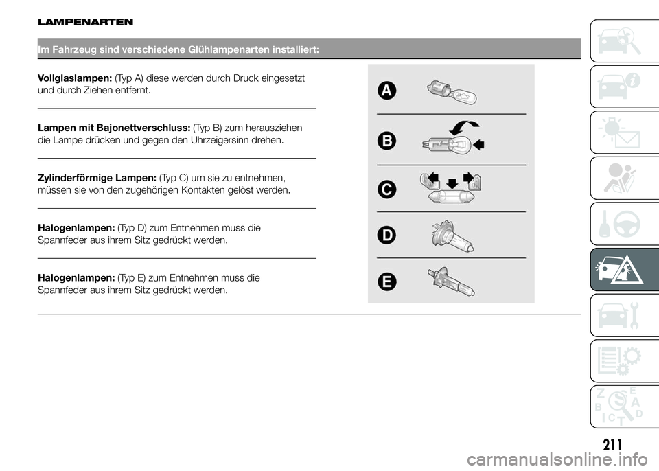 FIAT DUCATO BASE CAMPER 2015  Betriebsanleitung (in German) LAMPENARTEN
Im Fahrzeug sind verschiedene Glühlampenarten installiert:
Vollglaslampen:(Typ A) diese werden durch Druck eingesetzt
und durch Ziehen entfernt.
Lampen mit Bajonettverschluss:(Typ B) zum 