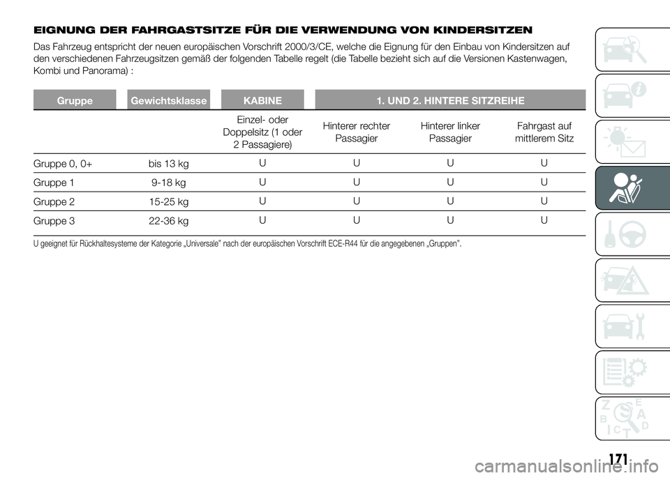 FIAT DUCATO BASE CAMPER 2016  Betriebsanleitung (in German) EIGNUNG DER FAHRGASTSITZE FÜR DIE VERWENDUNG VON KINDERSITZEN
Das Fahrzeug entspricht der neuen europäischen Vorschrift 2000/3/CE, welche die Eignung für den Einbau von Kindersitzen auf
den verschi