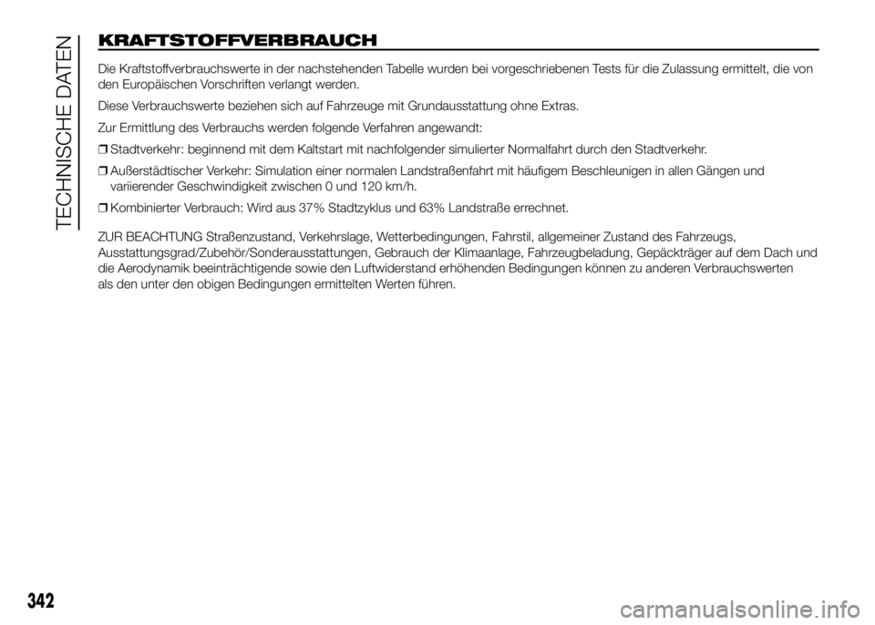 FIAT DUCATO BASE CAMPER 2016 Betriebsanleitung (in German) KRAFTSTOFFVERBRAUCH
Die Kraftstoffverbrauchswerte in der nachstehenden Tabelle wurden bei vorgeschriebenen Tests für die Zulassung ermittelt, die von
den Europäischen Vorschriften verlangt werden.
D FIAT DUCATO BASE CAMPER 2016 Betriebsanleitung (in German) KRAFTSTOFFVERBRAUCH
Die Kraftstoffverbrauchswerte in der nachstehenden Tabelle wurden bei vorgeschriebenen Tests für die Zulassung ermittelt, die von
den Europäischen Vorschriften verlangt werden.
D