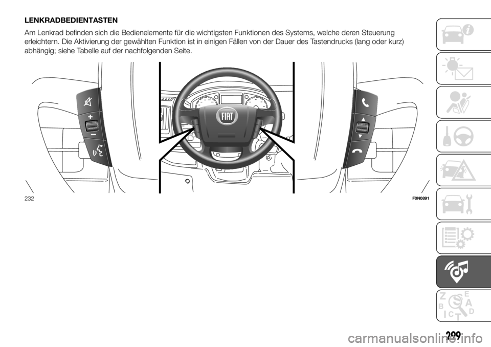 FIAT DUCATO BASE CAMPER 2018  Betriebsanleitung (in German) LENKRADBEDIENTASTEN
Am Lenkrad befinden sich die Bedienelemente für die wichtigsten Funktionen des Systems, welche deren Steuerung
erleichtern. Die Aktivierung der gewählten Funktion ist in einigen 