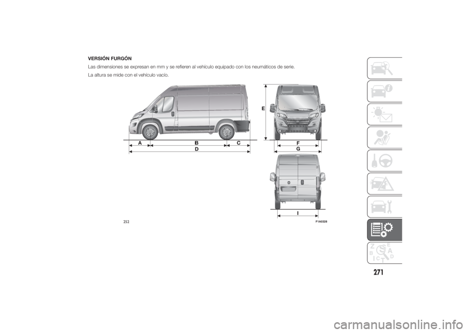 FIAT DUCATO BASE CAMPER 2014  Manual de Empleo y Cuidado (in Spanish) VERSIÓN FURGÓN
Las dimensiones se expresan en mm y se refieren al vehículo equipado con los neumáticos de serie.
La altura se mide con el vehículo vacío.
252
F1A0328
271 
