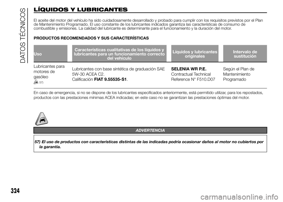 FIAT DUCATO BASE CAMPER 2015  Manual de Empleo y Cuidado (in Spanish) LÍQUIDOS Y LUBRICANTES
El aceite del motor del vehículo ha sido cuidadosamente desarrollado y probado para cumplir con los requisitos previstos por el Plan
de Mantenimiento Programado. El uso consta