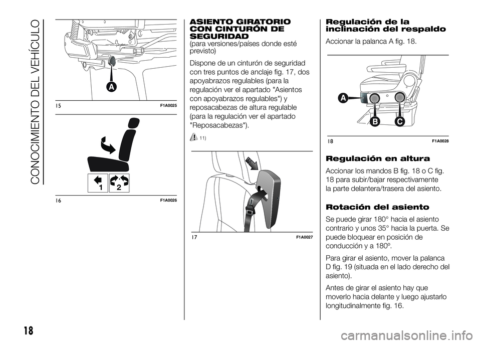 FIAT DUCATO BASE CAMPER 2016  Manual de Empleo y Cuidado (in Spanish) ASIENTO GIRATORIO
CON CINTURÓN DE
SEGURIDAD
(para versiones/países donde esté
previsto)
Dispone de un cinturón de seguridad
con tres puntos de anclaje fig. 17, dos
apoyabrazos regulables (para la
