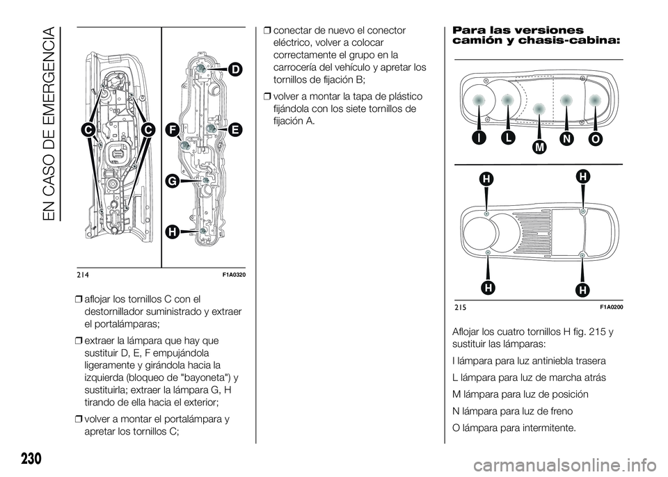 FIAT DUCATO BASE CAMPER 2016  Manual de Empleo y Cuidado (in Spanish) ❒aflojar los tornillos C con el
destornillador suministrado y extraer
el portalámparas;
❒extraer la lámpara que hay que
sustituir D, E, F empujándola
ligeramente y girándola hacia la
izquierda