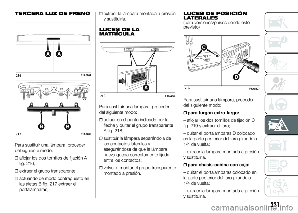 FIAT DUCATO BASE CAMPER 2016  Manual de Empleo y Cuidado (in Spanish) TERCERA LUZ DE FRENO
Para sustituir una lámpara, proceder
del siguiente modo:
❒aflojar los dos tornillos de fijación A
fig. 216;
❒extraer el grupo transparente;
❒actuando de modo contrapuesto 