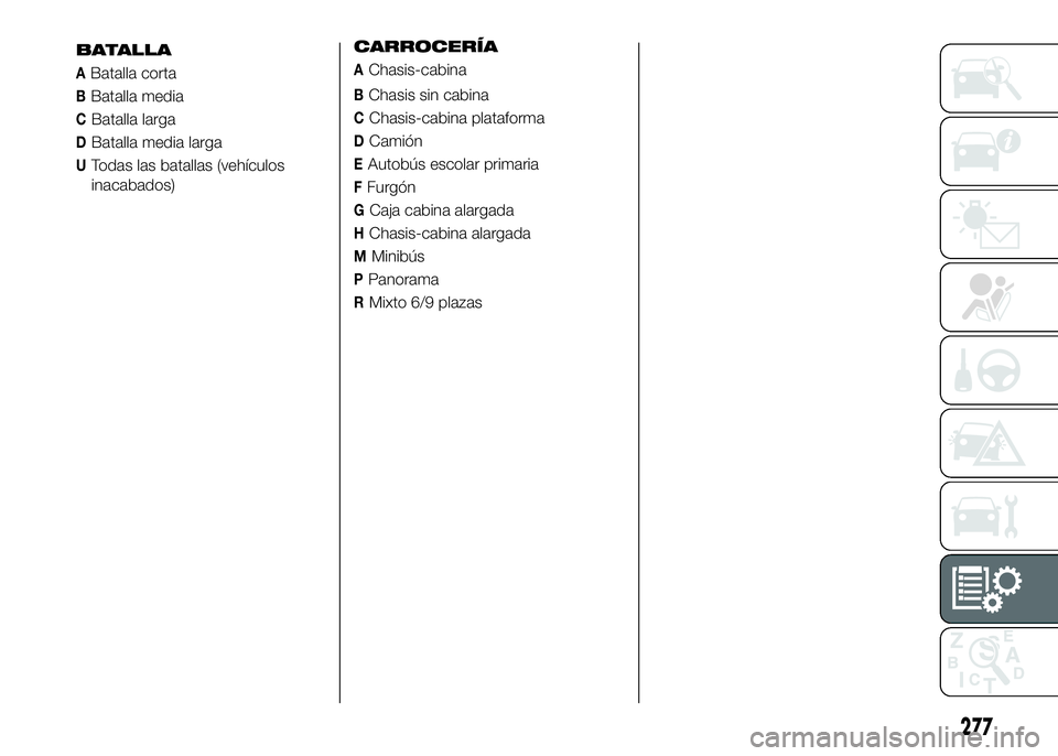 FIAT DUCATO BASE CAMPER 2016  Manual de Empleo y Cuidado (in Spanish) BChasis sin cabina
CChasis-cabina plataforma
DCamión
EAutobús escolar primaria
FFurgón
GCaja cabina alargada
HChasis-cabina alargada
MMinibús
PPanorama
RMixto 6/9 plazas
277
CARROCERÍA
AChasis-ca