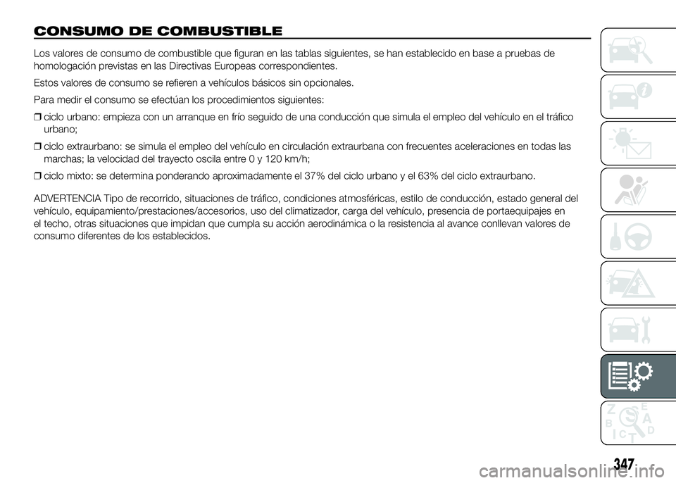 FIAT DUCATO BASE CAMPER 2016  Manual de Empleo y Cuidado (in Spanish) CONSUMO DE COMBUSTIBLE
Los valores de consumo de combustible que figuran en las tablas siguientes, se han establecido en base a pruebas de
homologación previstas en las Directivas Europeas correspond