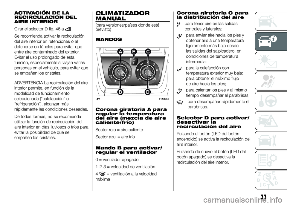 FIAT DUCATO BASE CAMPER 2016  Manual de Empleo y Cuidado (in Spanish) ACTIVACIÓN DE LA
RECIRCULACIÓN DEL
AIRE INTERIOR
Girar el selector D fig. 46 a
.
Se recomienda activar la recirculación
del aire interior en retenciones o al
detenerse en túneles para evitar que
e