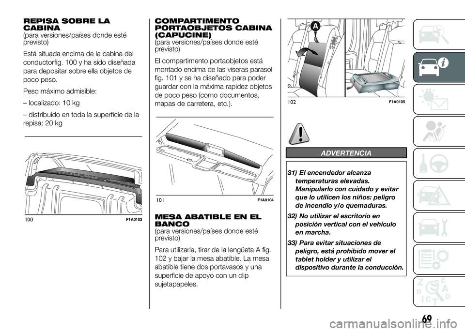 FIAT DUCATO BASE CAMPER 2016  Manual de Empleo y Cuidado (in Spanish) REPISA SOBRE LA
CABINA
(para versiones/países donde esté
previsto)
Está situada encima de la cabina del
conductorfig. 100 y ha sido diseñada
para depositar sobre ella objetos de
poco peso.
Peso m