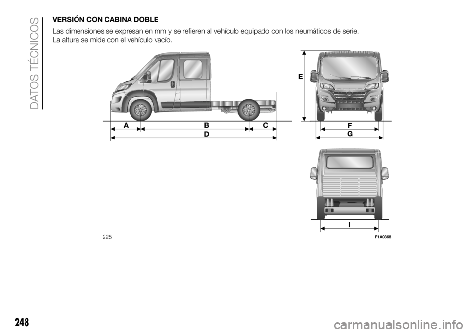 FIAT DUCATO BASE CAMPER 2018  Manual de Empleo y Cuidado (in Spanish) VERSIÓN CON CABINA DOBLE
Las dimensiones se expresan en mm y se refieren al vehículo equipado con los neumáticos de serie.
La altura se mide con el vehículo vacío.
225F1A0368
248
DATOS TÉCNICOS 