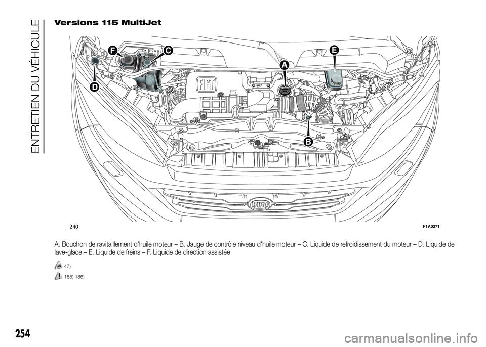 FIAT DUCATO BASE CAMPER 2016  Notice dentretien (in French) A. Bouchon de ravitaillement d'huile moteur – B. Jauge de contrôle niveau d'huile moteur – C. Liquide de refroidissement du moteur – D. Liquide de
lave-glace – E. Liquide de freins 