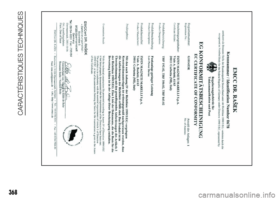 FIAT DUCATO BASE CAMPER 2016  Notice dentretien (in French) 368
CARACTÉRISTIQUES TECHNIQUES 