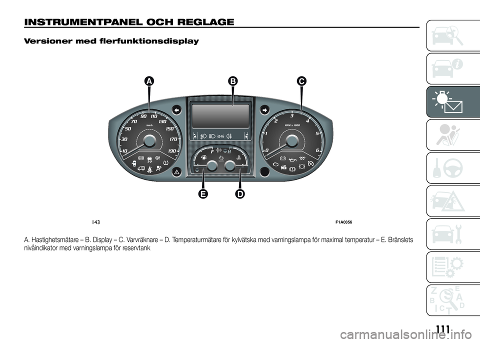 FIAT DUCATO BASE CAMPER 2016  Drift- och underhållshandbok (in Swedish) INSTRUMENTPANEL OCH REGLAGE.
Versioner med flerfunktionsdisplay
A. Hastighetsmätare – B. Display – C. Varvräknare – D. Temperaturmätare för kylvätska med varningslampa för maximal temperat