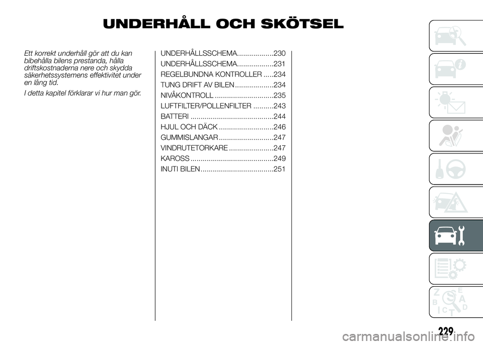 FIAT DUCATO BASE CAMPER 2016  Drift- och underhållshandbok (in Swedish) UNDERHÅLL OCH SKÖTSEL
Ett korrekt underhåll gör att du kan
bibehålla bilens prestanda, hålla
driftskostnaderna nere och skydda
säkerhetssystemens effektivitet under
en lång tid.
I detta kapite