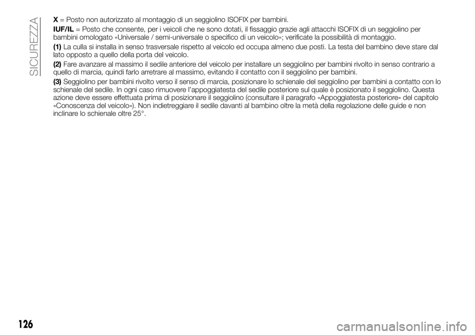 FIAT TALENTO 2017  Libretto Uso Manutenzione (in Italian) X= Posto non autorizzato al montaggio di un seggiolino ISOFIX per bambini.
IUF/IL= Posto che consente, per i veicoli che ne sono dotati, il fissaggio grazie agli attacchi ISOFIX di un seggiolino per
b