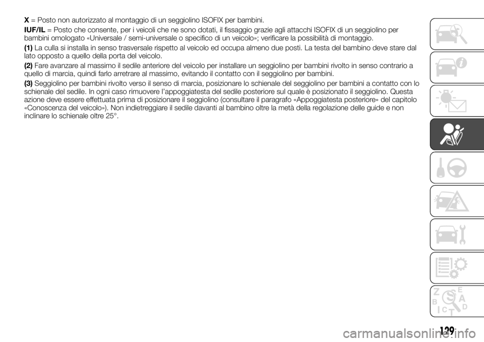 FIAT TALENTO 2017  Libretto Uso Manutenzione (in Italian) X= Posto non autorizzato al montaggio di un seggiolino ISOFIX per bambini.
IUF/IL= Posto che consente, per i veicoli che ne sono dotati, il fissaggio grazie agli attacchi ISOFIX di un seggiolino per
b
