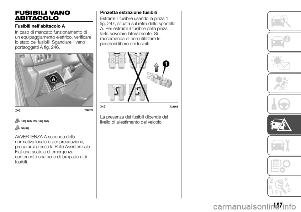 FIAT TALENTO 2017  Libretto Uso Manutenzione (in Italian) FUSIBILI VANO
ABITACOLO
Fusibili nell’abitacolo A
In caso di mancato funzionamento di
un equipaggiamento elettrico, verificare
lo stato dei fusibili. Sganciare il vano
portaoggetti A fig. 246.
161) 