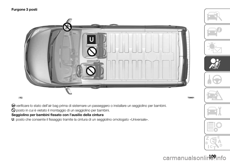 FIAT TALENTO 2018  Libretto Uso Manutenzione (in Italian) Furgone 3 posti
verificare lo stato dell’air bag prima di sistemare un passeggero o installare un seggiolino per bambini.
posto in cui è vietato il montaggio di un seggiolino per bambini.
Seggiolin
