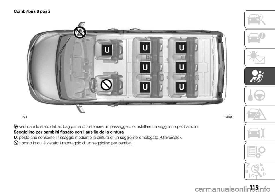 FIAT TALENTO 2018  Libretto Uso Manutenzione (in Italian) Combi/bus 8 posti
verificare lo stato dell’air bag prima di sistemare un passeggero o installare un seggiolino per bambini.
Seggiolino per bambini fissato con l’ausilio della cintura
U: posto che 